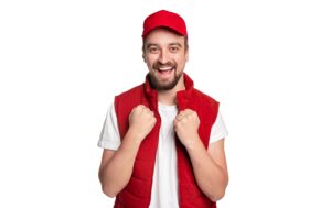 Excited male worker celebrating unlimited PTO policy