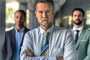 Group of three modern business men of different generational diversity looking seriously at camera